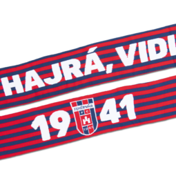 Szurkolói gyermek sál, kétoldalas, kötött, piros-kék csíkos színű "Hajrá, Vidi!" felirattal