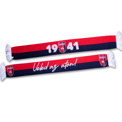 Szurkolói gyermek sál, kétoldalas, kötött, piros-kék színű "Veled az úton!" felirattal