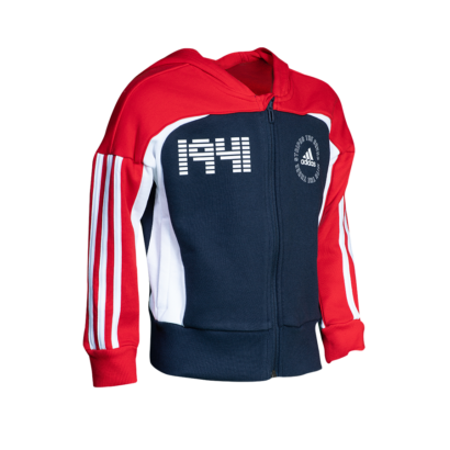 adidas kapucnis, cipzáras pulóver, piros-kék, lány "1941" felirattal
