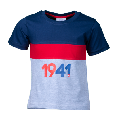Kereknyakú póló, kék-piros-szürke, gyermek "1941" felirattal